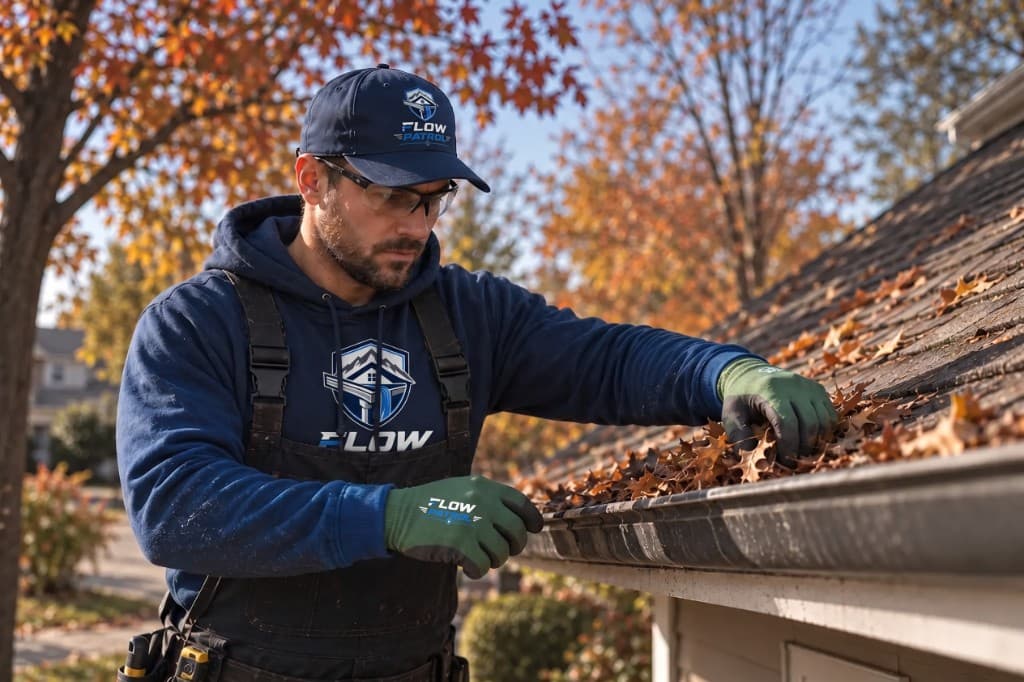 A Flow Patrol technician clearing leaves from a residential gutter